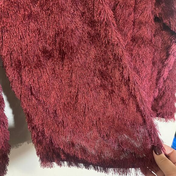 H&M Burgundy Maroon Shaggy Chevron Open Front Karma Jacket Faux Fux Fringe Sz M - Picture 3 of 9